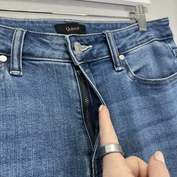 Quince Bella Stretch Straight Jeans Womens 30 Twilight Blue Fray Raw Hem Denim - Picture 3 of 13